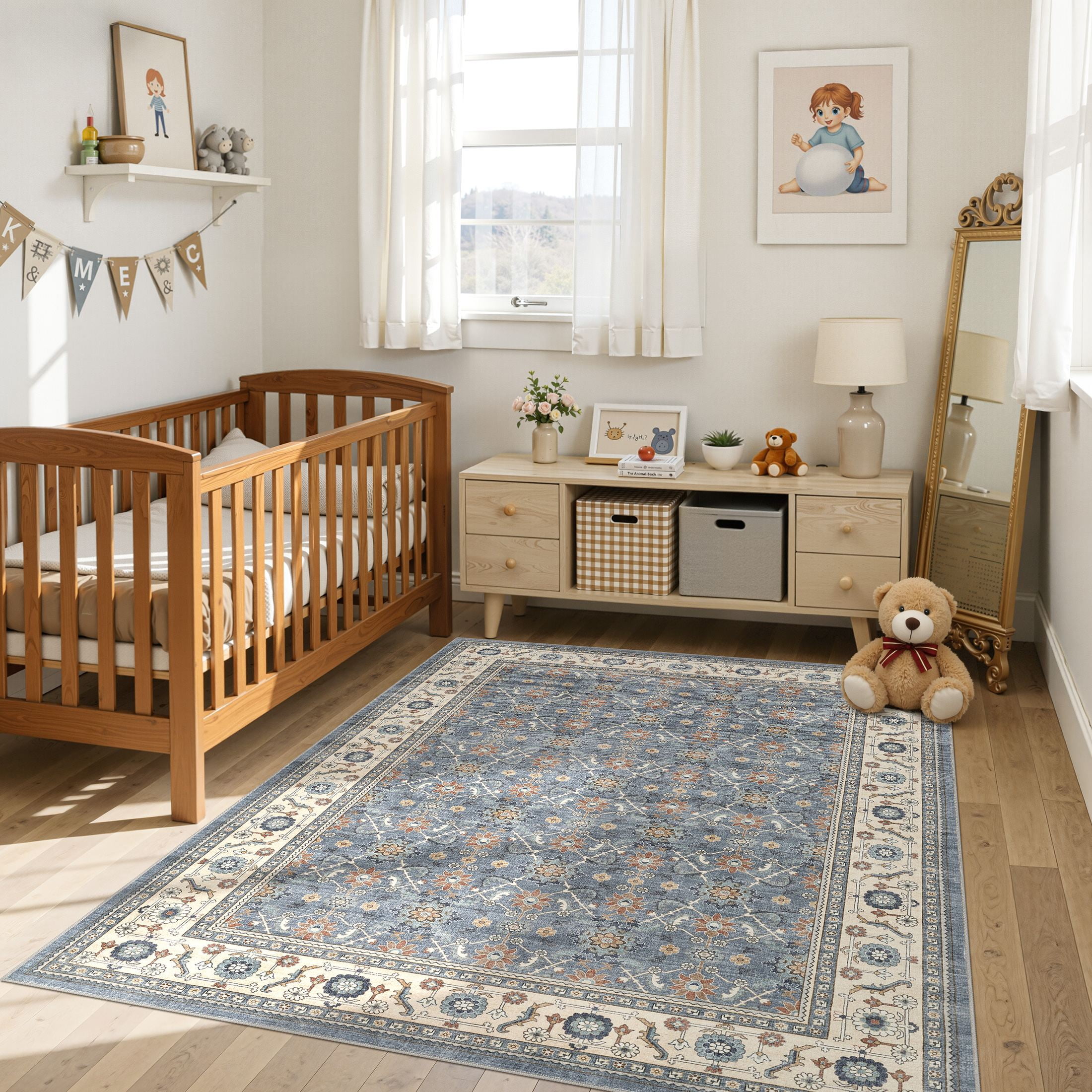 UERMEI 5'x7' Washable Area Rugs for Living Room, Vacuum Friendly, Non-Silp Low-Pile Rug for Bedroom, Boho Home Decor Carpets, Blue