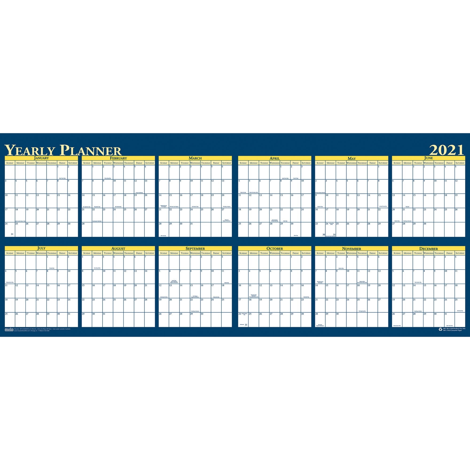 House of Doolittle, HOD3974, Laminated Yearly Wall Planner, 1 Each