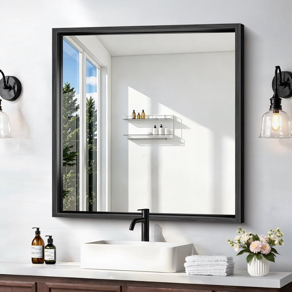 VONIGEE Black Bathroom Mirror 32x32 Inch Large Rectangle Wall Mirror with Metal Frame for Bathroom, Vanity, Living Room & Entryway, Modern Farmhouse Decor, Horizontal/Vertical Mounting