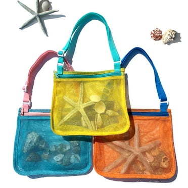 Beach Toy Bags - Colorful Mesh Seashell Bags – Shell Collecting Bags with Adjustable Carrying Straps, Zipper, and  Expandable Bottom–Perfect Fun for Kids Hunting Shells in the Sand (3-Pack)