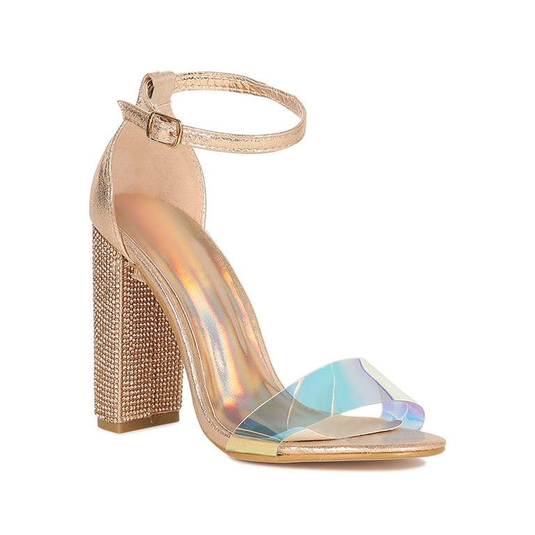 Women Metallic Iridescent Band Rhinestone Embellished Chunky Heel