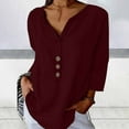 thumbnail image 2 of Lovskoo Cotton Linen Summer Tops for Women 2024 V Neck Long Sleeve Loose Slim Solid Color Top Burgundy, 2 of 9