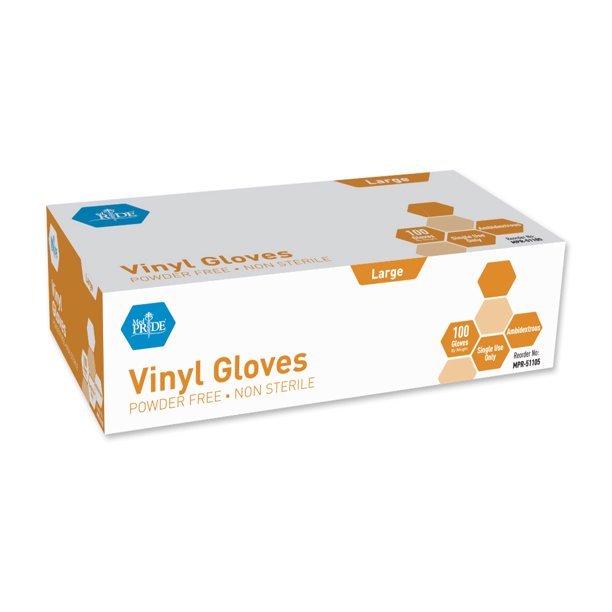 MedPride Vinyl Exam Gloves, Powder Free, Large, Box of 100
