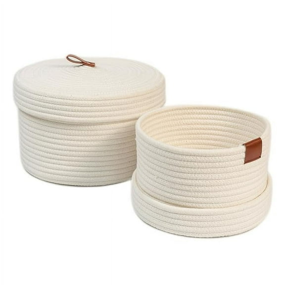 FibreGold Cotton Rope Storage Basket Set of 2 Pack Round Woven Bins with Lid