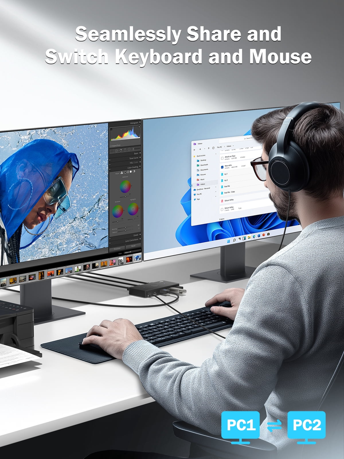 Lemorele USB 3.0 Switch, 2 PCs to Share Multiple Devices, 2-in 5-out KVM Switch, One-button Switching, USB 3.0 Sharing Switcher Hub for Windows/Mac/Linux/Android,Plug & Play