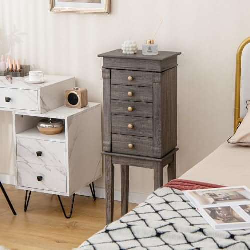 CHARMAID Gray Cabinet, 5 Drawers Jewelry Armoire with Mirror, Swing Doors, Necklace Hooks, Standing Organizer, Large