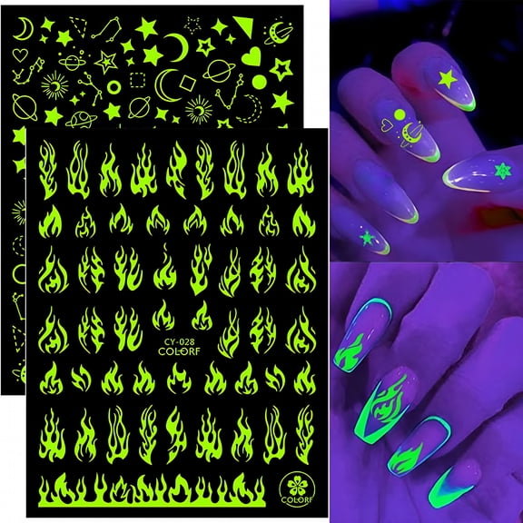 RAGUPEL 8Pcs Luminous Nail Stickers, 3D Self-Adhesive Fluorescence Flame Butterfly Star Slider Nail Stickers Decals Glow in the Dark for Nail Art DIY Decoration