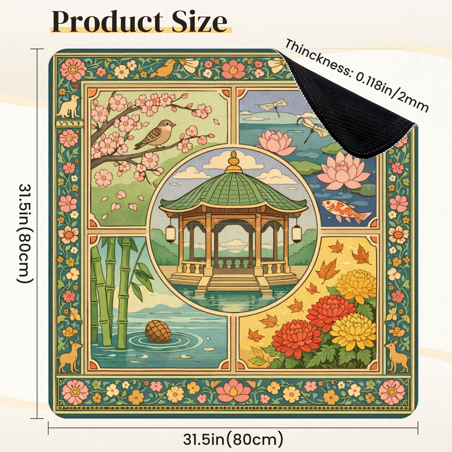 Mahjong Mat 31.5" x 31.5" Four Season Nature Birds Flowers Bamboo Lotus Vibrant Colors Non-Slip Noise Reduction Mahjong Tiles Table Cover for Dominoes Poker Card Board and Tile Games