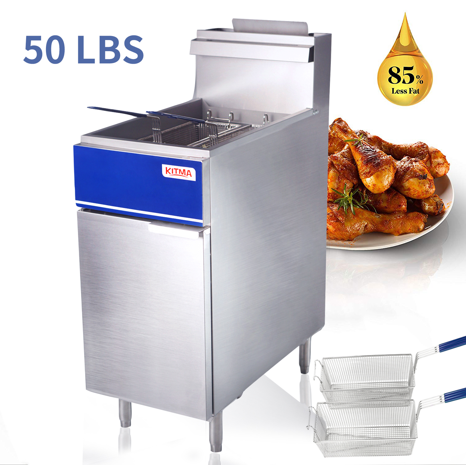 Commercial Deep Fryer, 50 lb. Natural Gas Fryer with 2 Fryer Baskets, 4