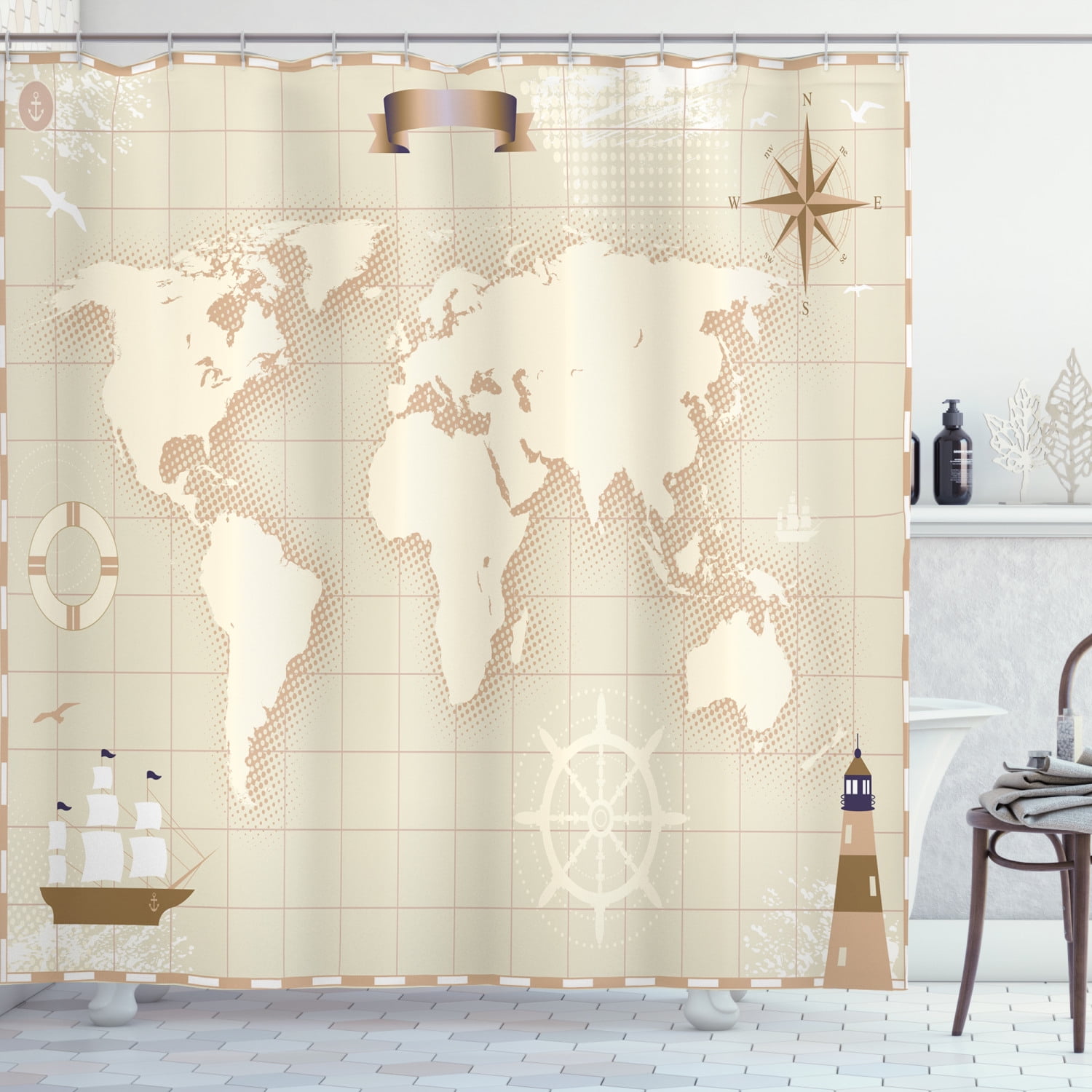 World Map Shower Curtain Old With Windrose Lighthouse Lifebuoy Yacht And Continents Fabric Bathroom Set Hooks 69w X 70l Inches Eggs Tan Beige By Ambesonne Com Windrose Lighthouse Lifebuoy Yacht, Old World Map Shower Curtain