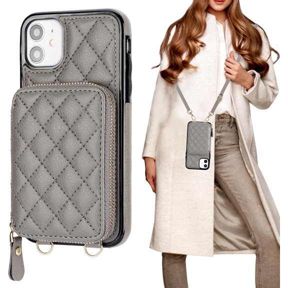 Crossbody Wallet Case for iPhone 11, RFID Blocking PU Leather Zipper Handbag Purse Flip Cover, Kickstand Folio Case with Card Slots Holder Wrist Strap Lanyard 6.1 Inch (Grey)