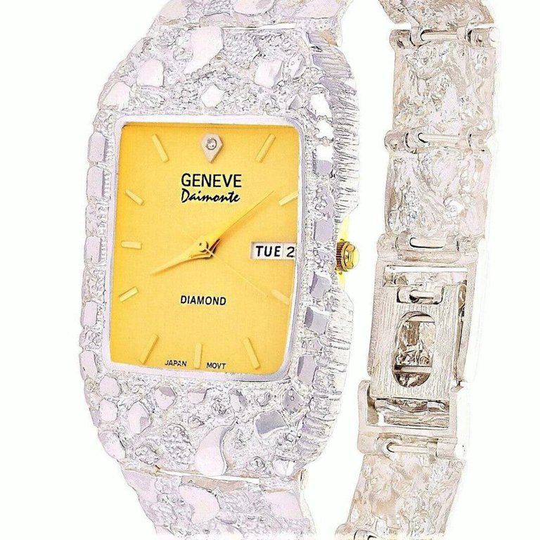Mens 925 Sterling Silver Nugget Wrist Watch Geneve Real 