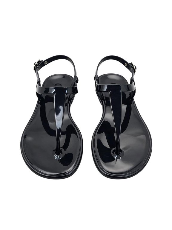 Womens T-Strap PVC Flat Sandals, 0.39-Inch Sole, EU Size 41, T-Strap Thong Upper, PVC and Metal Buckle, Adjustable Ankle Closure, Black