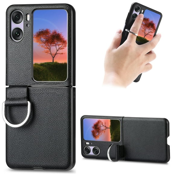 CCSmall for Oppo Find N2 Flip Case with Ring, Slim PU Leather Protective Cover Phone Case Oppo Find N2 Flip ZH Black