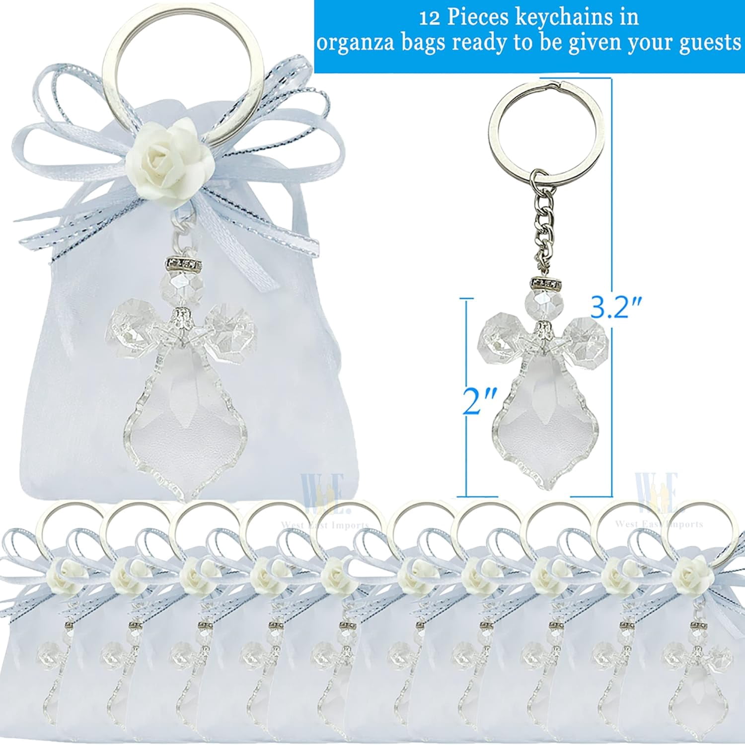 WE 12 Pcs Angel Crystal Keychain Decorated Organza Bag - Wedding / Baptism / Quinceanera / First Communion Favors