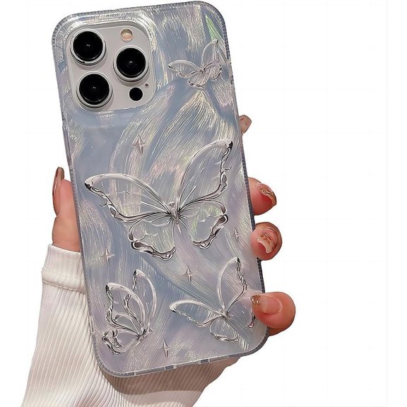 for iPhone Case,Luxury ElectroPlated Butterfly Feather Pattern Camera Lens Protection Soft Shockproof Phone Case (Silver,iPhone 13)