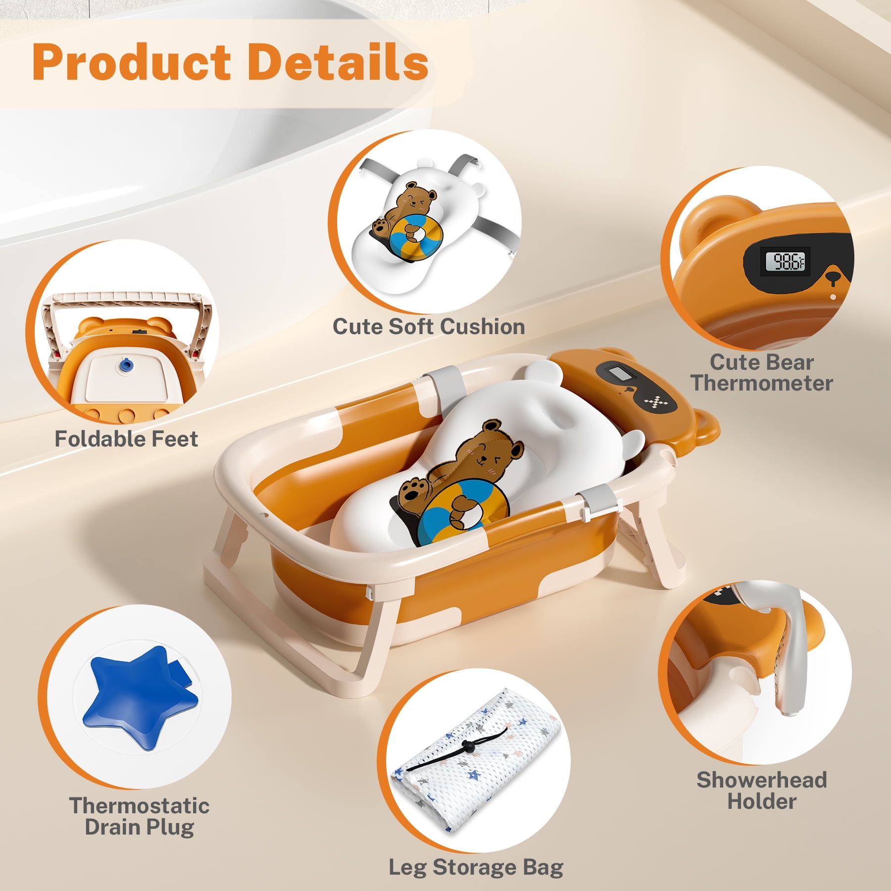 COOSEYA Baby Bathtub ,Collapsible Baby Bathtub , Bath Tub with Cushion and Thermometer ,Newborn to Toddler Portable Travel Multifunctional Bathing 0-2 years (Bear/Brown)