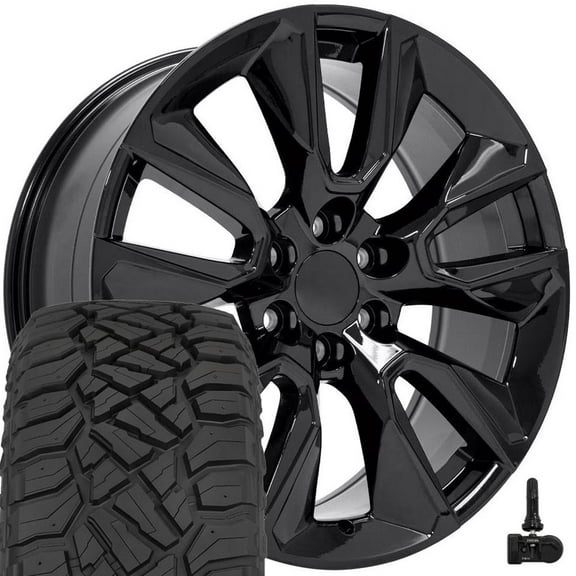 OE Wheels CV32 22 Inch Rims and Tires Fit Silverado 1500 Style 6x139.7 22x9 Gloss Black - Hollander 5916 - TerraMax RT 285/45-22 (Set of 4)