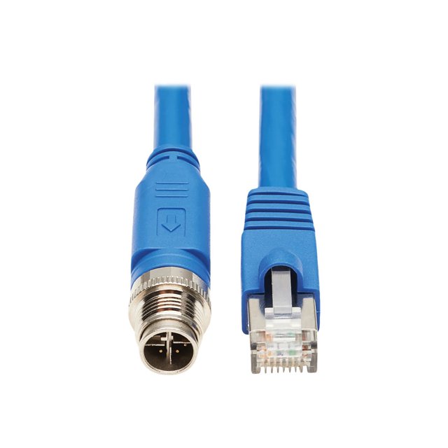 Eaton Tripp Lite Series M12 X-Code Cat6a 10G F/UTP CMR-LP Shielded Ethernet Cable (M12 M/RJ45 M), IP68, PoE, Blue, 5 m (16.4 ft.) - Network cable - TAA Compliant - 8 pin M12-X (M) to RJ-45 (M) - 16.4 ft - foiled unshielded twisted pair (F/UTP) - CAT 6a - IEEE 802.3bt - snagless - blue