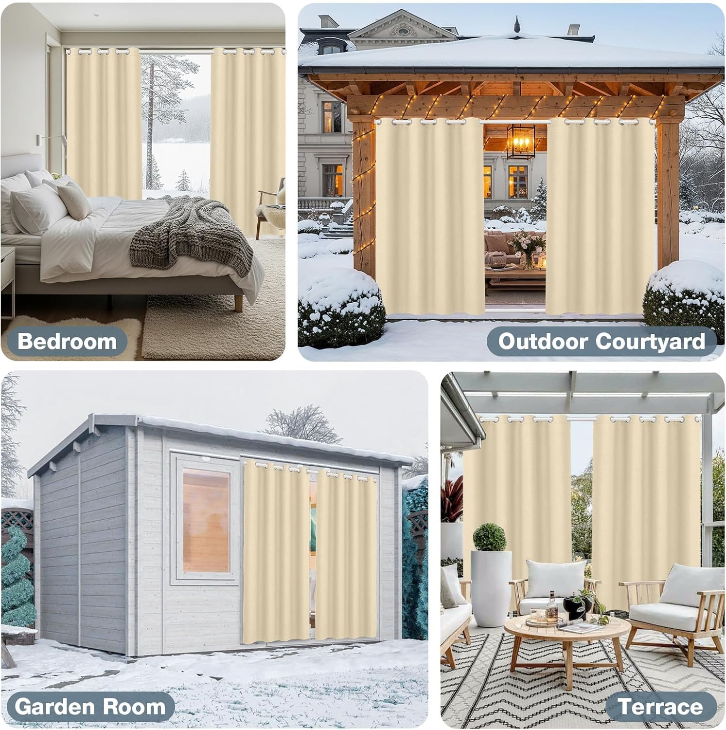 Qelus Thermal Insulated Outdoor Curtains for Winter, 52''x 96''Grommet Waterproof Quilted Blackout Curtains for Patio, Beige, 1 Panel