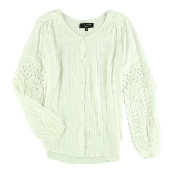 Max Studio London Womens Lace Sleeve Button Down Blouse, Off-White, Small