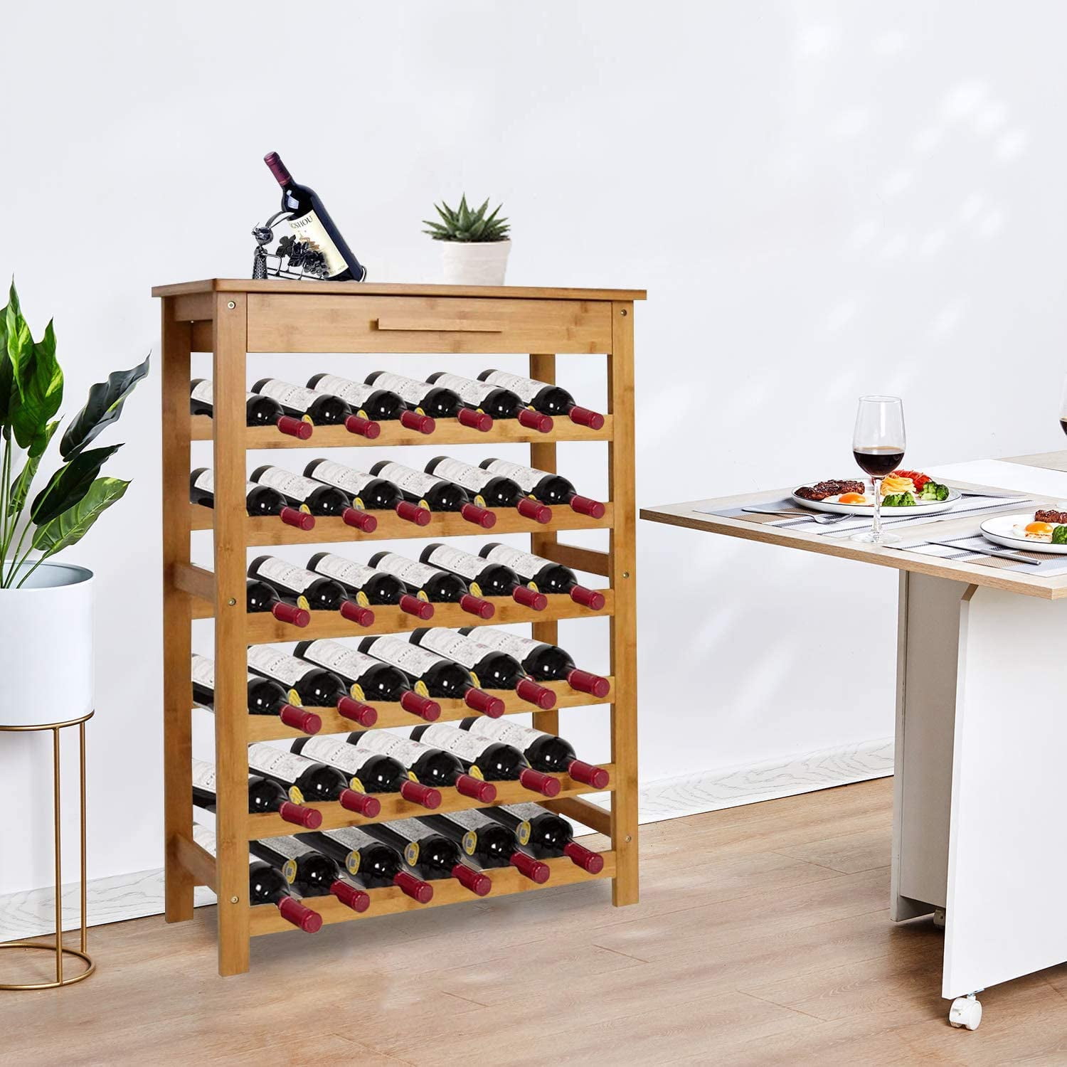 36 Bottle Wine Rack Freestanding Floor with Drawer Bamboo Wine Rack