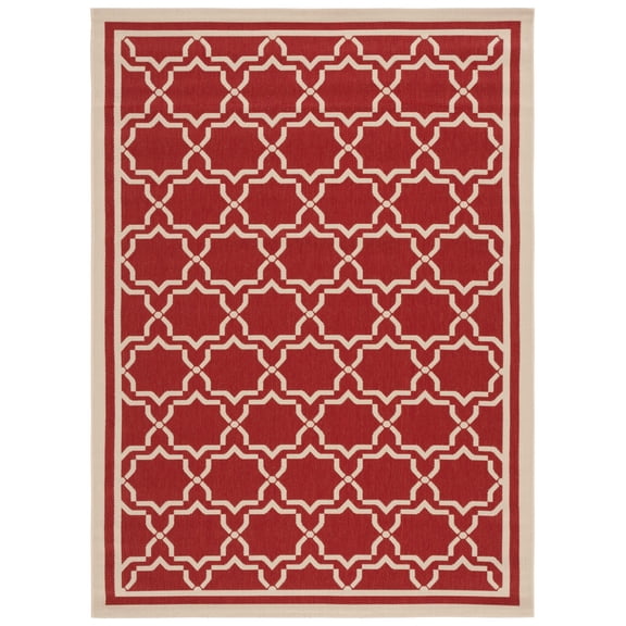 SAFAVIEH Courtyard Allison Geometric Bordered Indoor/Outdoor Area Rug, 6'7" x 9'6", Red/Bone
