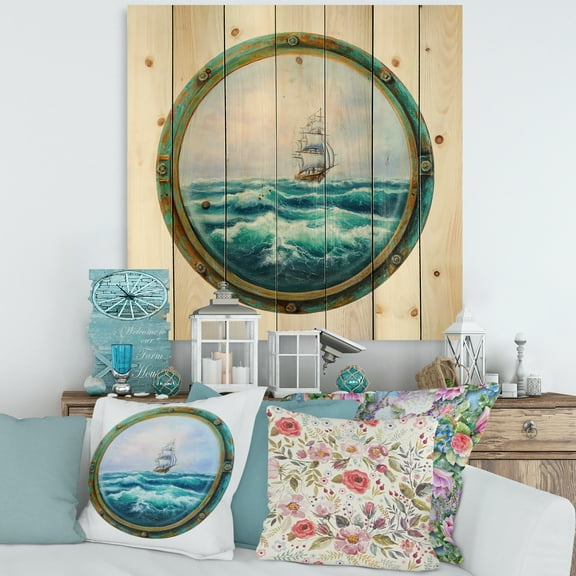 Designart 'Ship In Stormy Ocean Through Cabin Window' Nautical & Coastal Print on Natural Pine Wood