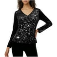 thumbnail image 2 of Cadancy Womens Sequin Top Sparkly Velvet V Neck Long Sleeve Shirts Pullover Tunic Tops Fashion Dressy Evening Party Night Out Concert Glitter Outfits, 2 of 6