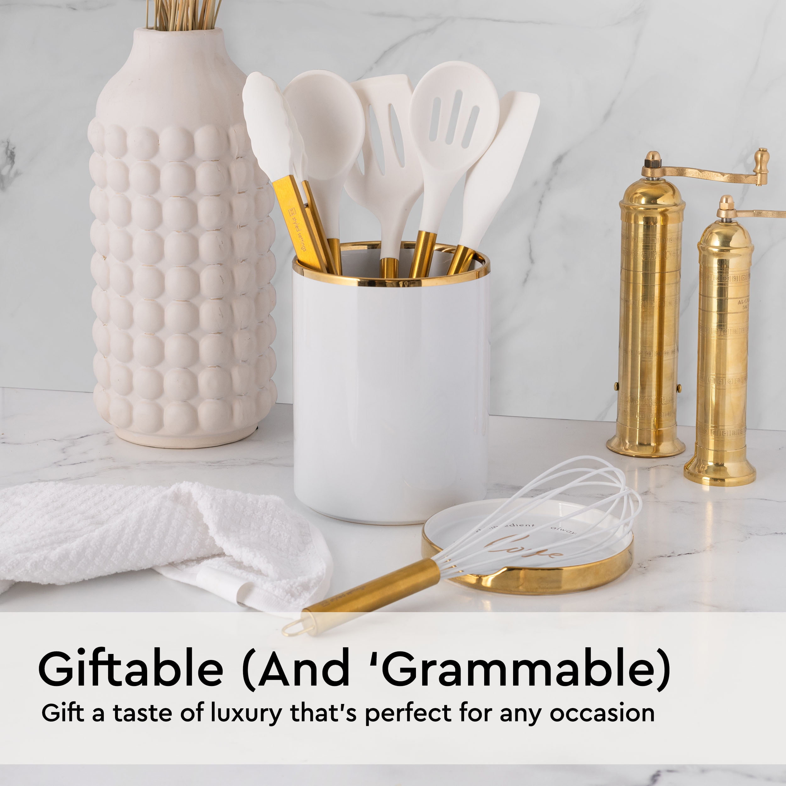 Styled Settings White Silicone and Gold Cooking Utensils Set