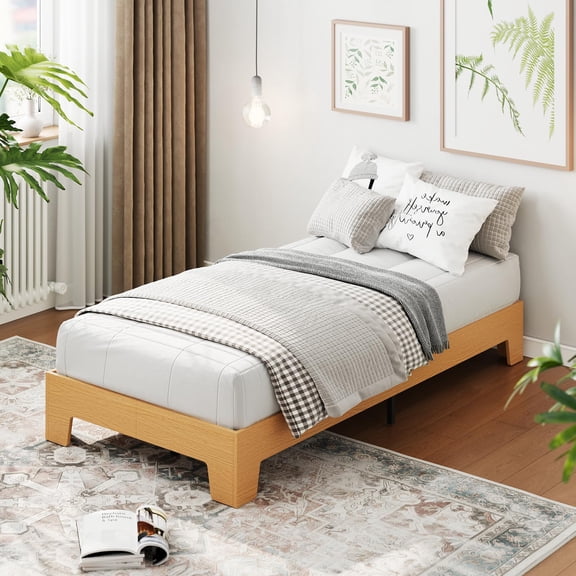 10 Inch Twin/Twin XL/Full/Queen/King/California King Size Wood Platform Bed with Wooden Slats, Nature Platform Bed Frame, No Box Spring Needed, Easy Assembly, Minimalist Bedroom Furniture