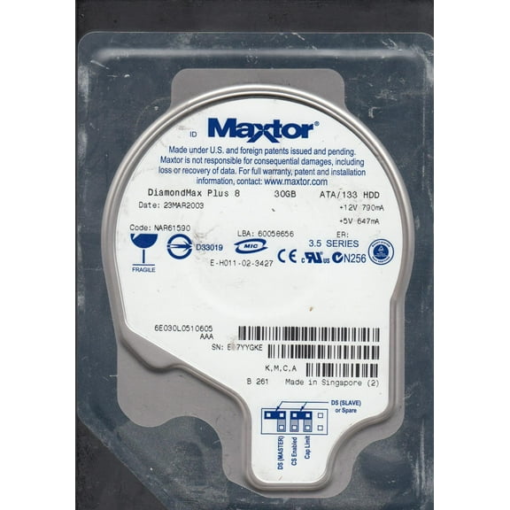 6E030L0, Code NAR61590, KMCA, Maxtor 30GB IDE 3.5 Hard Drive