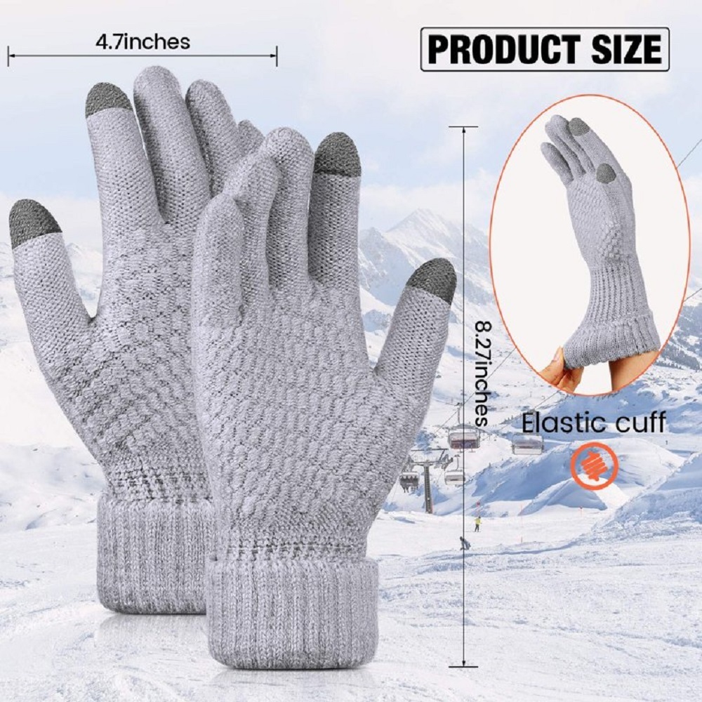 2 Pairs Women Touchscreen Gloves Winter Warm Fleece Lined Knit Gloves Elastic Cuff Winter Texting Gloves Gifts