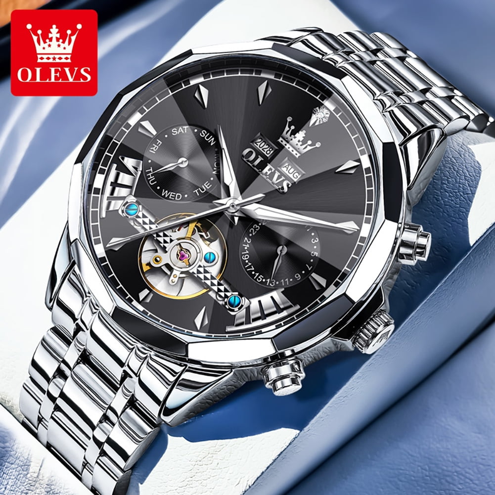 OLEVS Automatic Watches for Men Luxury Dress Waterproof Self Winding Mechanical Chronograph Diamond Stainless Steel Luminous Date Skeleton Tourbillon Mens Watches Gift Reloj Para Hombre Black Dial