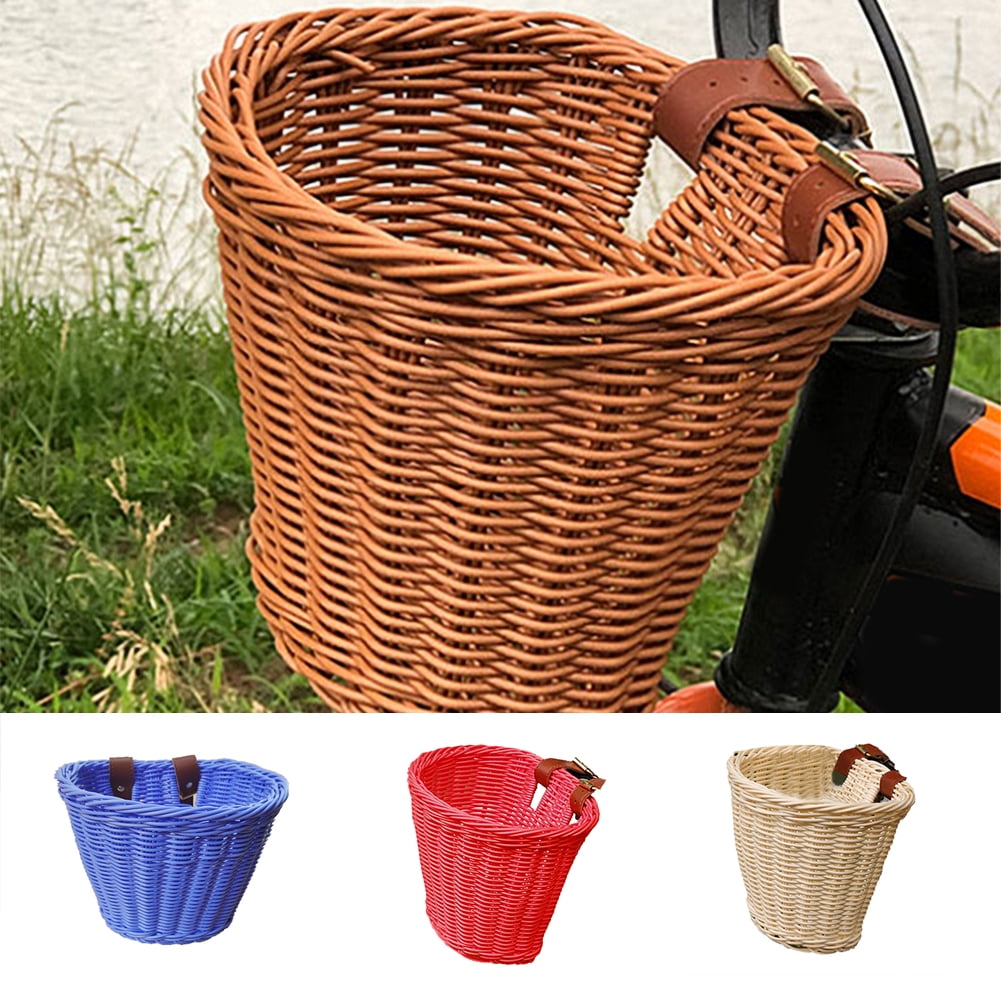 Waterproof Retro Hand-Woven Wicker Bicycle Storage Basket with Leather Straps Bicycle Pet Carrier Accessory weemoment Front Handlebar Bike Basket Black