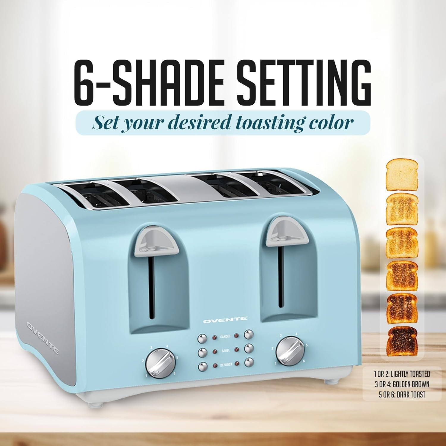 OVENTE Electric 4-Slice Toaster Machine with 6-Shade Selector Setting, Cancel Button, Defrost Function, Crumb Tray, 1400W Power and Wide Slots for Bagels, Waffles and Puff Pastry Light Blue TS4410LBL