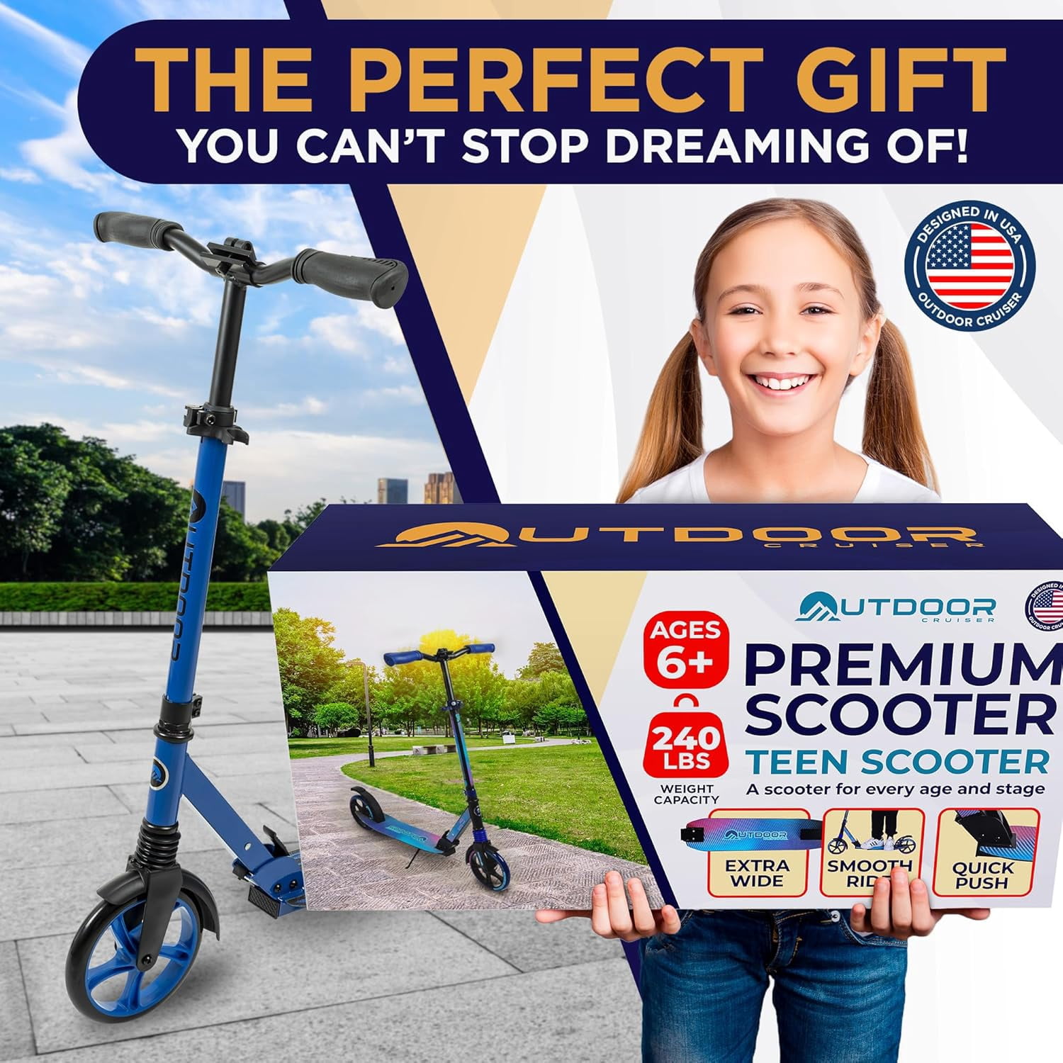 OutdoorCruiser Kick Scooter for Ages 6+, Kids, Teens & Adults, Foldable, Dual Suspension, 3-Level Adjustable Handlebar, Child Safety Approved, Blue