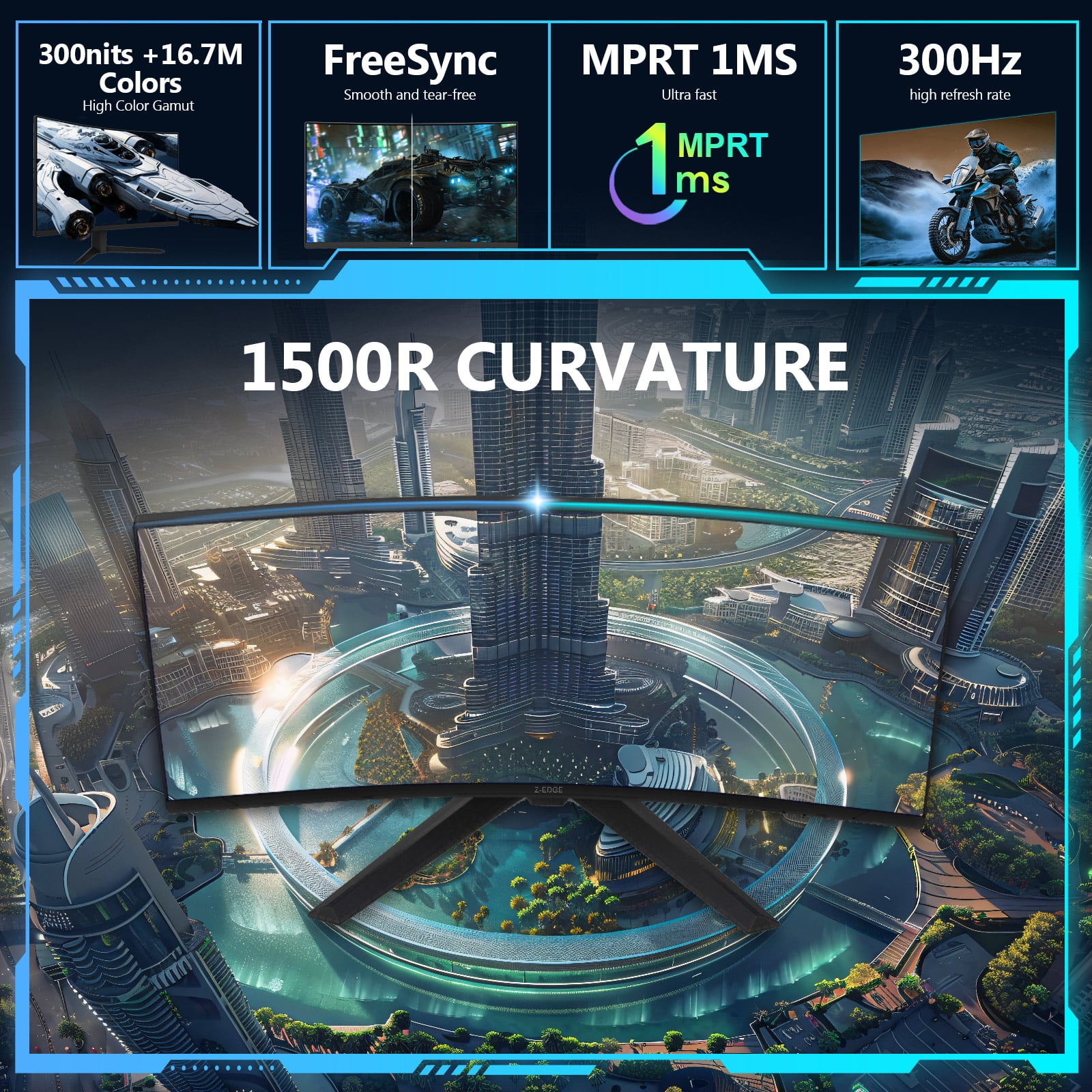 Z-EDGE 27 Inch 300Hz Curved Gaming Monitor, FHD 1080P VA Display, 1ms MPRT, AMD FreeSync, HDR Support, VESA Mount Compatible, Black