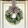 thumbnail image 4 of Dienrx 10" Artificial Greenery Wreath with Buffalo Plaid Ribbon, Farmhouse Spring Wreath for Front Door, Eucalyptus Swag for Kitchen Wall Cabinet Window Decor, Ready to Hang, 4 of 8