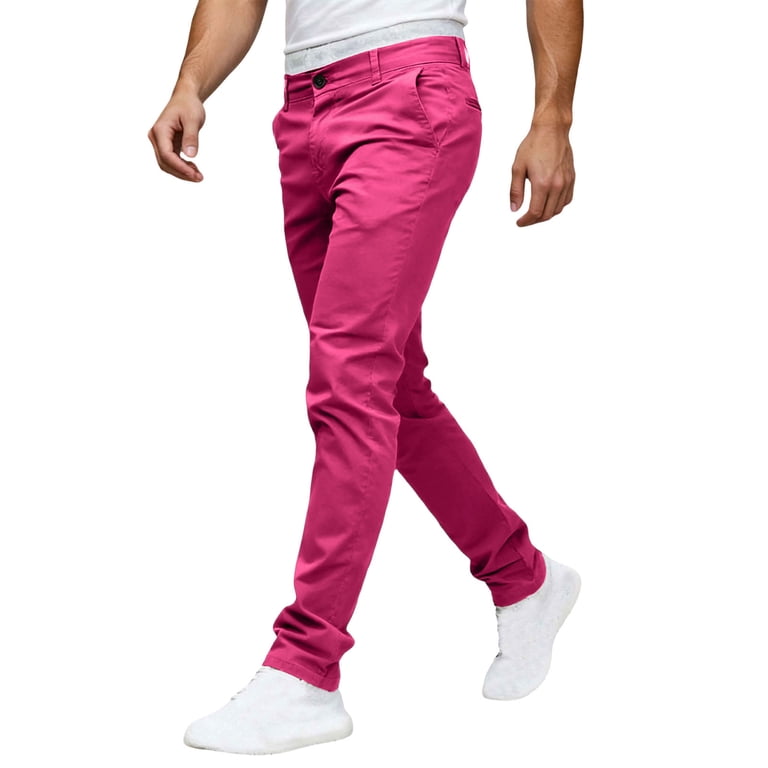 Dazajoo Mens Lightweight Workout Pants Casual Stretch Straight Leg Business Dress Pant Slim Fit Skinny Comfort Plain Trousers with Pockets Hot Pink,S