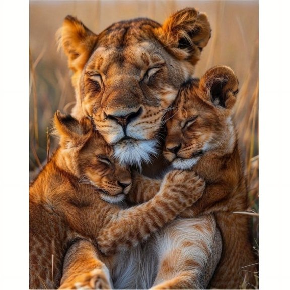 5D DIY Artificial Full Diamond Painting Set - Adult Beginner, A Mother Lion and Two Young Lions Intense Embrace Scene Art Set Diamond for Home Wall Decor & Gift - Perfect for Art Lovers & Adults