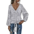 thumbnail image 1 of QELUSQELUS Women Lantern Long Sleeve V Neck Tie Knot Tie-dye Chiffon Outside Tops, 1 of 4