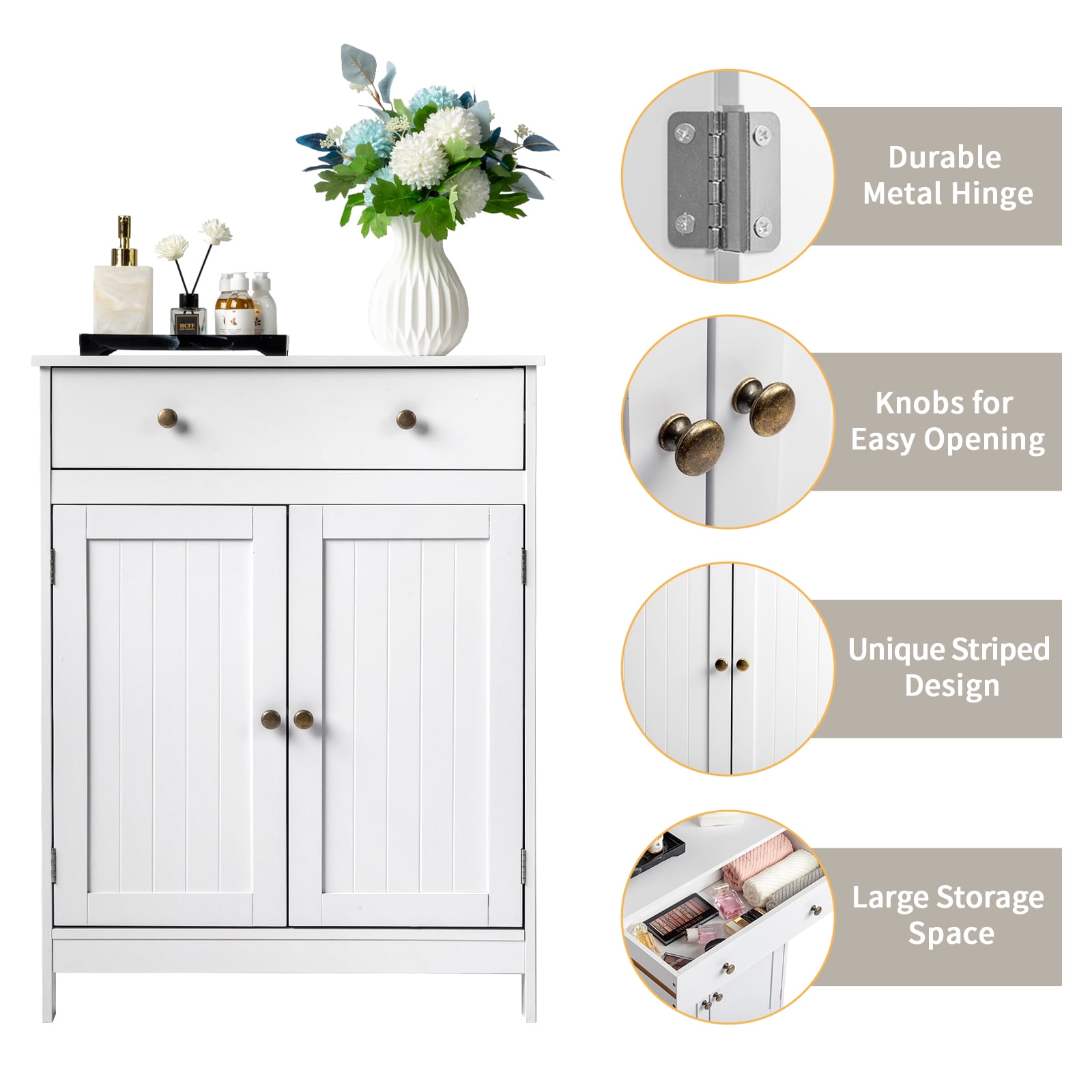 Zimtown White Wooden Bathroom Cabinet, Freestanding Storage