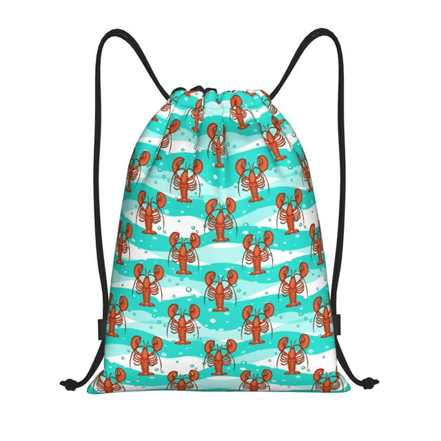 Xecao Lobsters Of Turquoise Waves Pattern Sports Drawstring Backpack - String Swim Gym Bag with Wet Proof Pocket for Women&Men-Medium