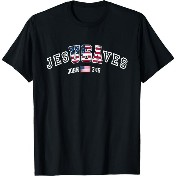 JesusSaves JesUSAves USA American Flag Patriotic Christian T-Shirt,Black