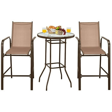 Spaco 3 Pieces Outdoor Patio Bar Table Stool Set, Bar Table Stool Set with 2 Bar Stools and 1 Tempered Glass Table, Bar Table Stool Set for Outdoor as Garden, Patio, Brown