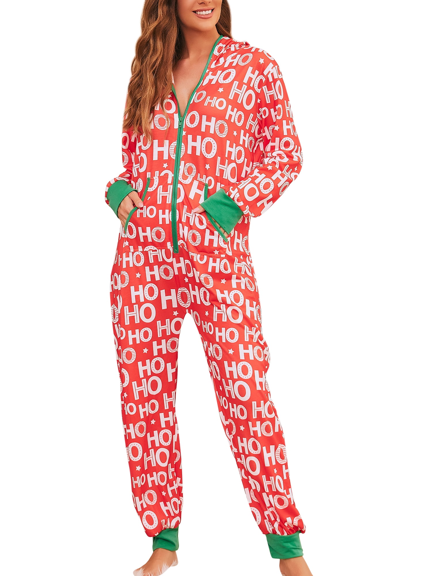 Womens One Piece Xmas Christmas Printed Onepiece Pajamas Hooded Zip Up Onesies Jumpsuit Rompers