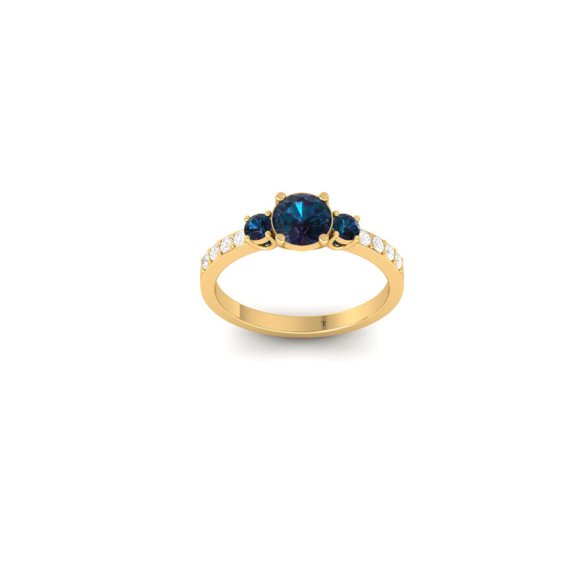 Blue Topaz Three Stone Engagement Ring, 1CT Moissanite Round Cut, 14K Yellow Gold Plated