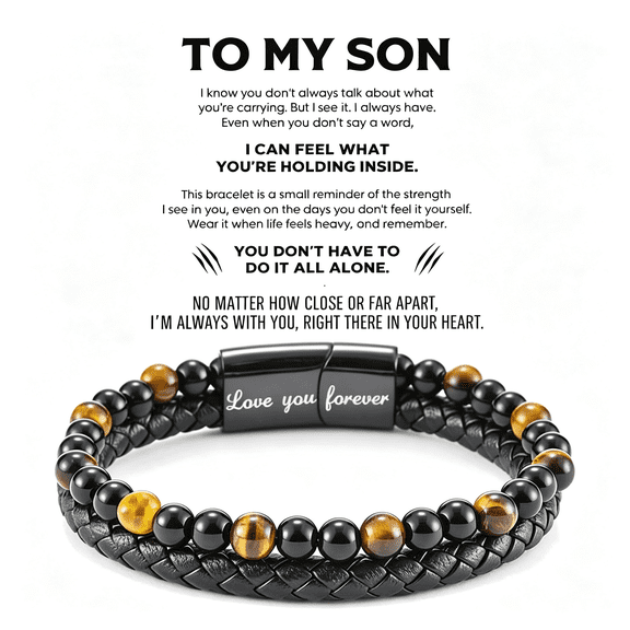 DESIGNICE - Son'S Tiger Eye Protection Bracelets for Men, Leather Black Beaded Bangle Engarved with Love You Forever Cuff Jewelry Gift for Birthday Christmas