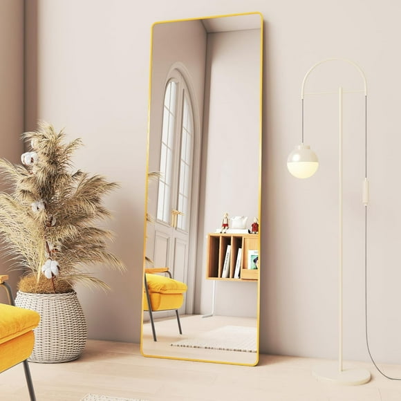 64"x21" Floor & Full Length Mirrors, Stand up Mirror Full Length, Big Tall Mirror Full Body with Aluminum Alloy Framed, Tempered Glass Mirror for Bedroom Living Room, Round Corner, Gold